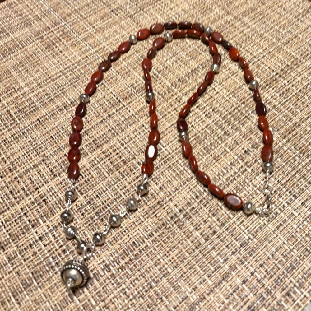Jasper Brown Bead and Tibetan Silver Extra Long Necklace Handmade